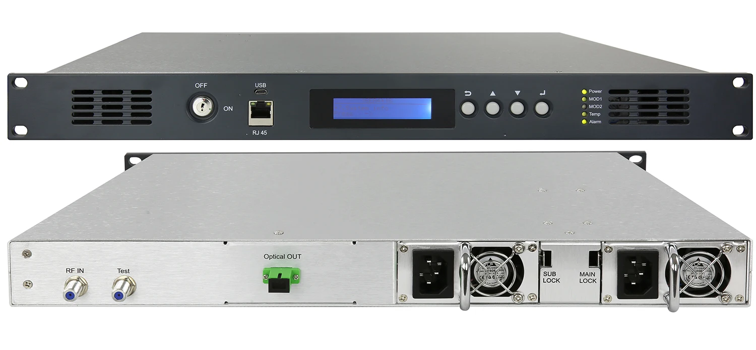 TRANSMITTER เครื่องส่งสัญญาณออปติคอล CATV 7 10dBm 25กม. เครื่องแปลงสัญญาณแสงเป็นแหล่งจ่ายไฟคู่แบบพิเศษ1550nm