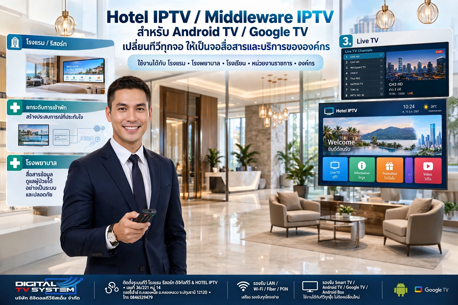 Hotel iptv ออกแบบและติดตั้งระบบทีวี โรงแรมและรีสอร์ท ทั้งระบบดิจิตอลทีวีและโฮเทลไอพีทีวี